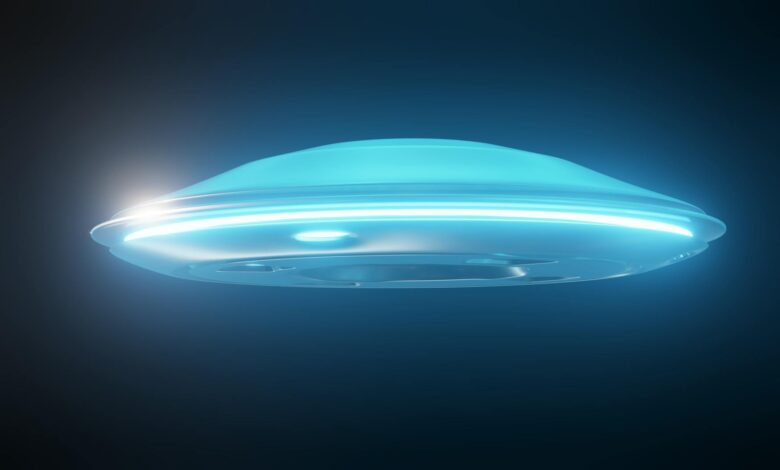 A glowing UFO with bright lights flying in a dark, mysterious sky.