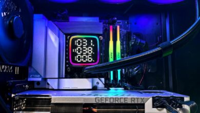Vibrant RGB-lit gaming PC interior showcasing GeForce RTX and GIGABYTE components.