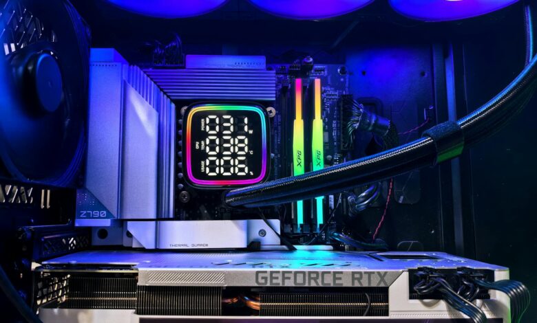 Vibrant RGB-lit gaming PC interior showcasing GeForce RTX and GIGABYTE components.