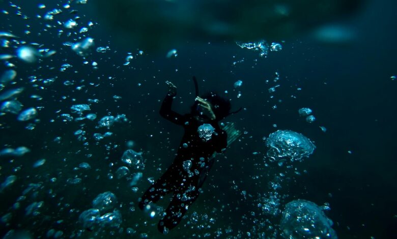 A scuba diver surrounded by bubbles deep underwater, showcasing the beauty of marine exploration.