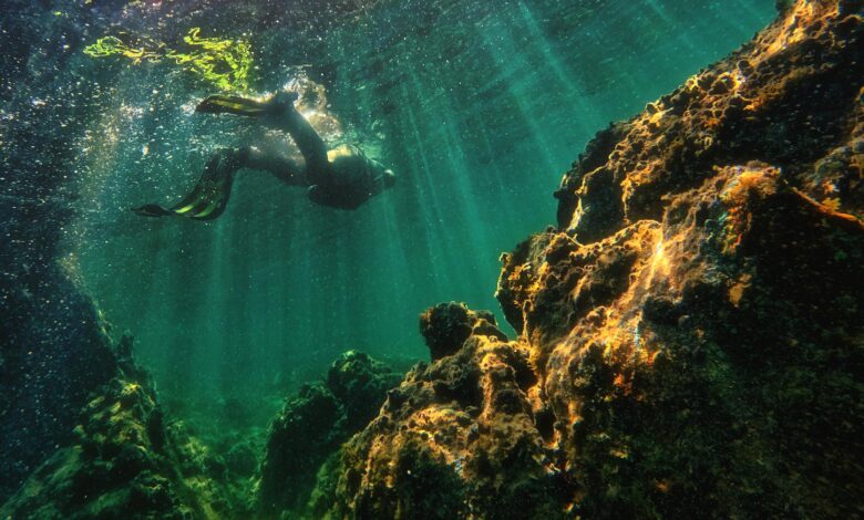 A diver swims through a sunlit underwater coral reef surrounded by clear turquoise waters.