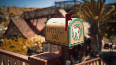 A vintage mailbox with dental artwork in a sunny outdoor setting.