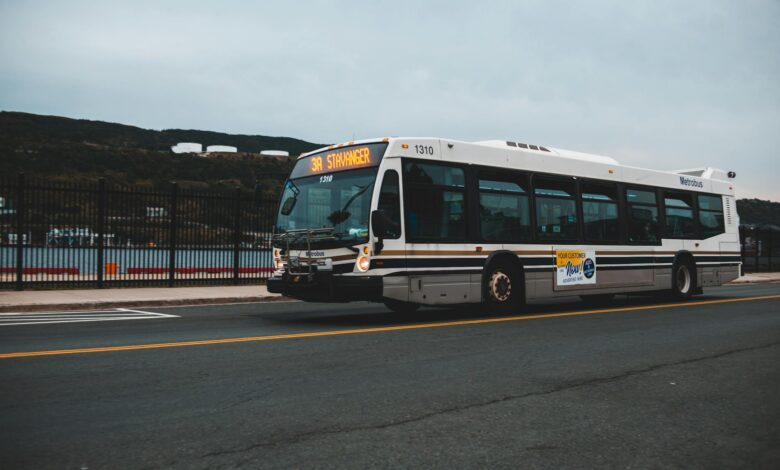 Big gray bus driving on asphalt highway along metal fence near water against cloudless sky with mountains in distance outside