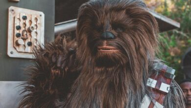 Realistic Chewbacca costume character at a science fiction event, showcasing detailed craftsmanship.
