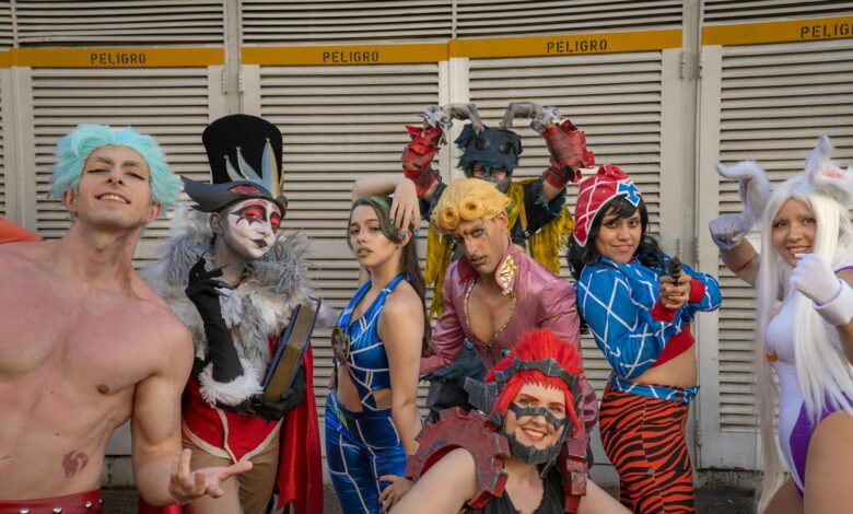 Colorful cosplay characters enjoying Buenos Aires anime convention.