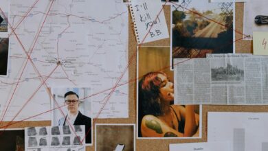 A detailed crime investigation board with photos, maps, and red threads used for connecting clues.