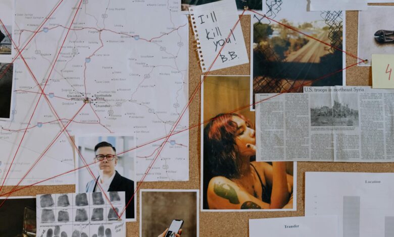 A detailed crime investigation board with photos, maps, and red threads used for connecting clues.