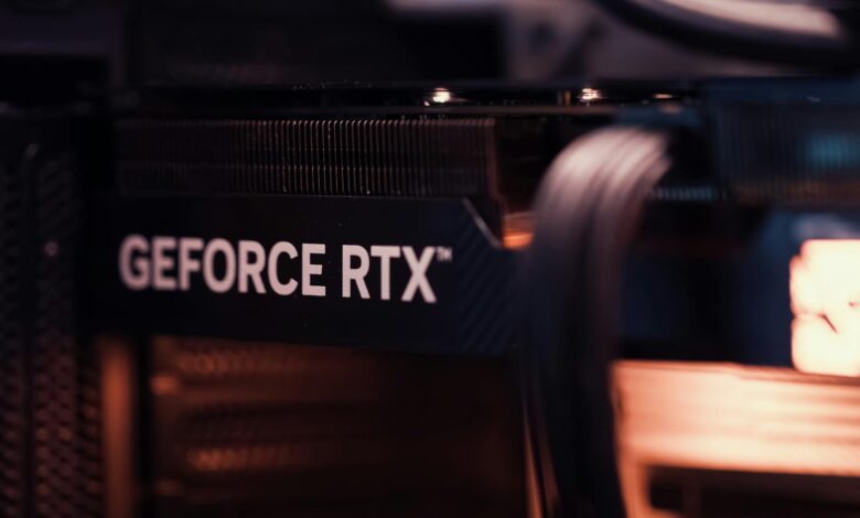 Detailed view of a GeForce RTX graphics card, highlighting modern technology.