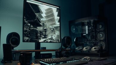 A sleek gaming desk setup with illuminated PC, monitor displaying Asian temple image, and accessories.