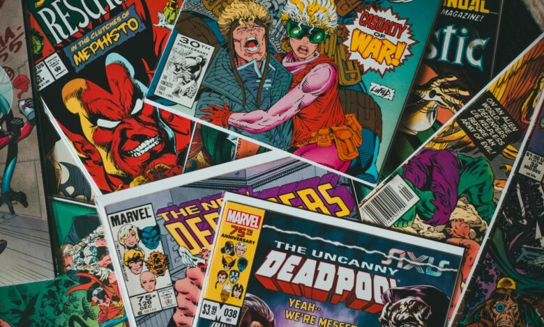 From above pile of collection of various famous comic books with colorful covers