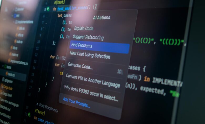 Detailed view of a computer screen displaying code with a menu of AI actions, illustrating modern software development.