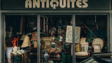 Explore a quaint Parisian antique shop with an elegant window display showcasing vintage treasures.