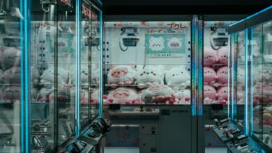 A vibrant shot of Japanese arcade claw machines filled with plush toys, highlighting urban leisure.
