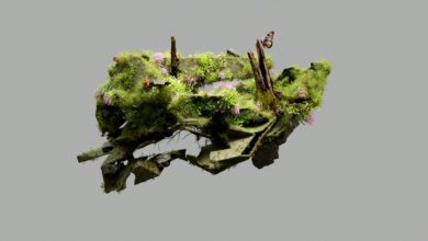 A surreal CGI depiction of a floating island with lush greenery and a butterfly.