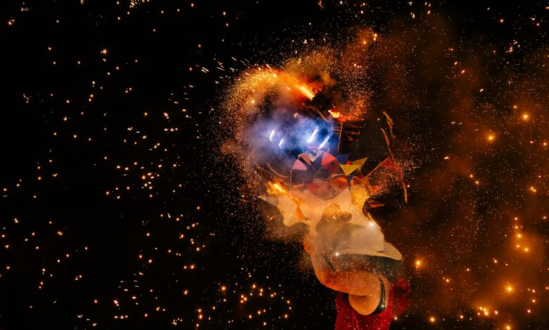 Bright fireworks exploding in vivid colors against a night sky.