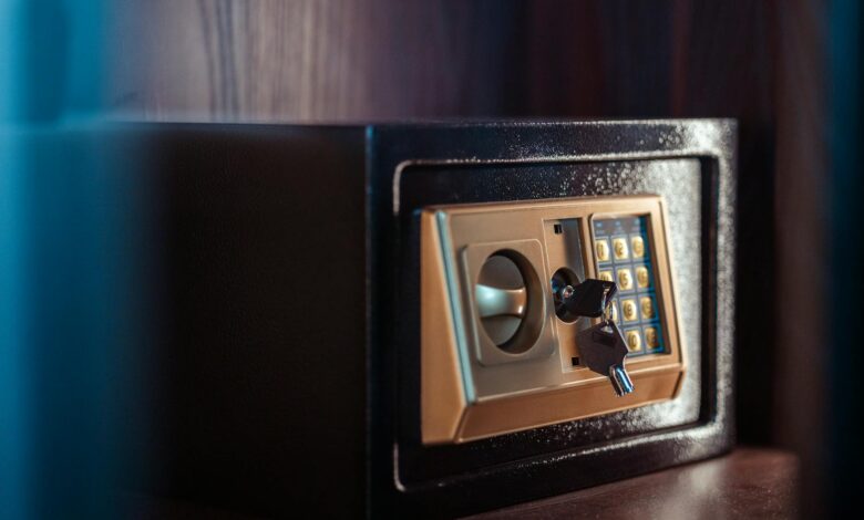 Close-up image of an electronic safe with a key in Baghdad, Iraq.