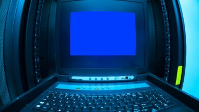 Close-up of a blue screen error shown on a data center control terminal.