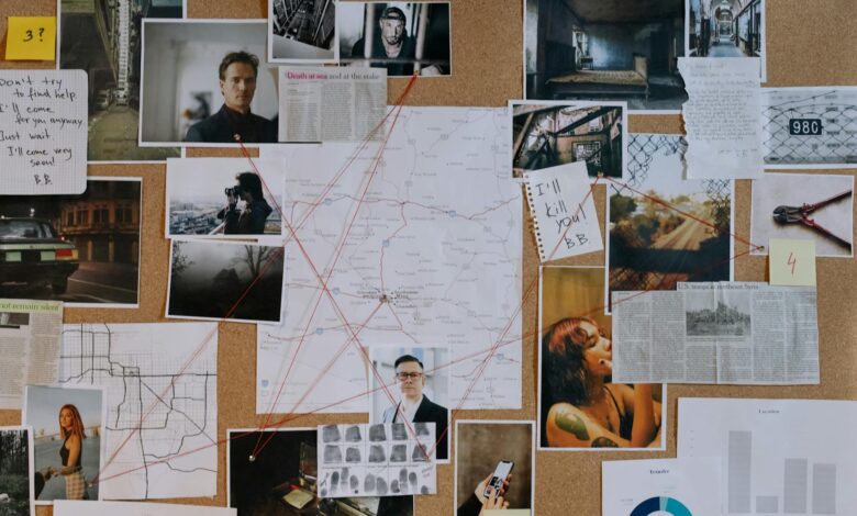 A detailed crime investigation board filled with photos, maps, and red strings connecting clues and evidence.