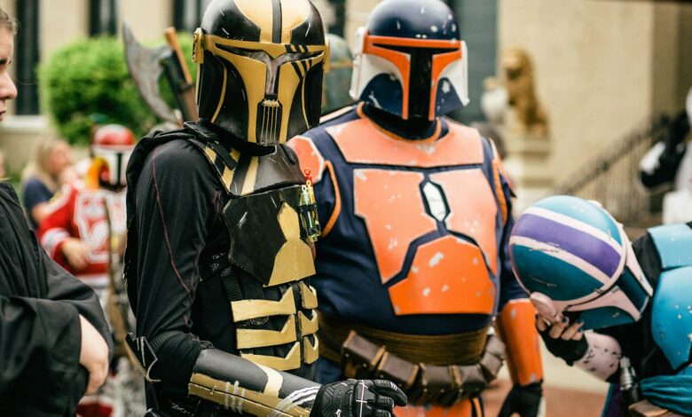 Colorful Star Wars cosplay event in Joliet, featuring detailed Mandalorian costumes and helmets.