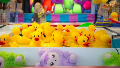 Colorful carnival game with yellow rubber ducks and vibrant plush toys in the background.
