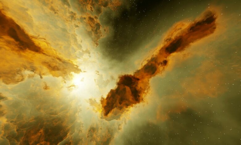 A mesmerizing view of a cosmic nebula with vivid orange and white light, set against a starry backdrop.