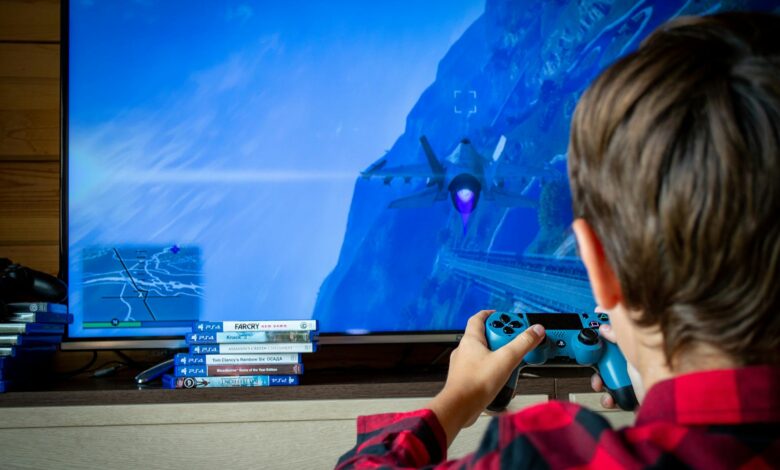 Young boy playing video game on TV with PS4 controller, enjoying leisure time indoors.