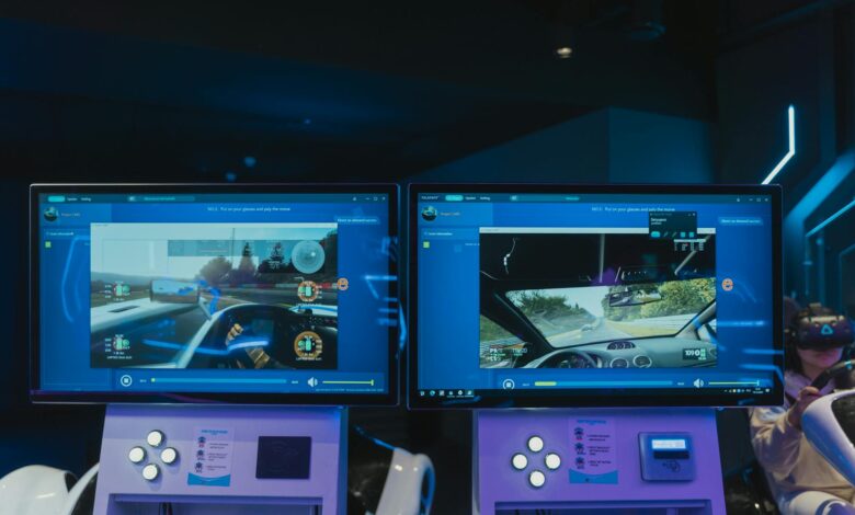 Immersive virtual reality gaming experience with dual screens and VR headsets, featuring driving simulations.