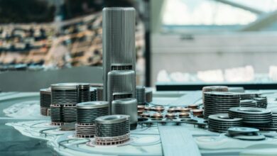 Explore a detailed futuristic city model with towering skyscrapers and modern urban design.