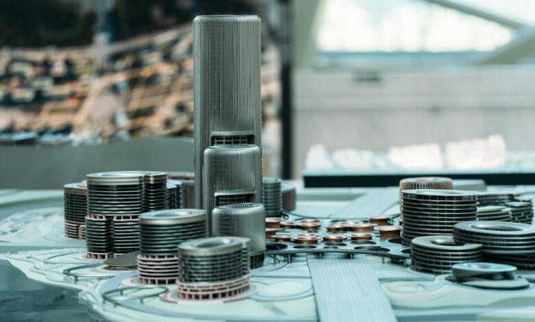 Explore a detailed futuristic city model with towering skyscrapers and modern urban design.