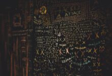 Chalkboard filled with complex cybersecurity and hacking symbols in colorful chalk.