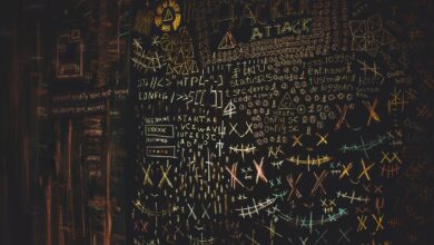 Chalkboard filled with complex cybersecurity and hacking symbols in colorful chalk.