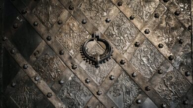 Close-up of a detailed metal door in Nuremberg, Germany displaying ornate medieval designs and a circular handle.