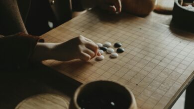 A person playing Go, arranging black and white stones on a wooden board indoors.
