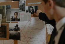 Detective examining a crime investigation board with photos, maps, and notes indoors.