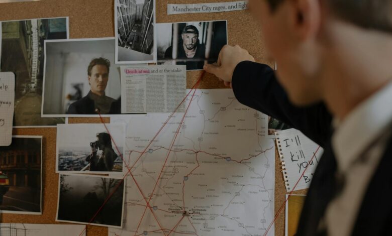 Detective examining a crime investigation board with photos, maps, and notes indoors.
