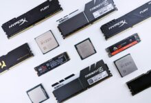High-quality image of various computer components, including RAM and CPUs, on a white background.