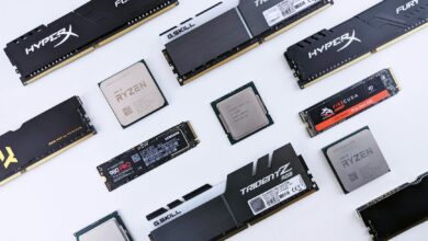 High-quality image of various computer components, including RAM and CPUs, on a white background.