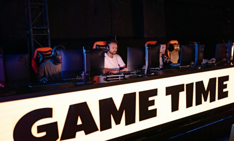 Professional gamers competing in a team tournament, capturing the excitement of eSports.