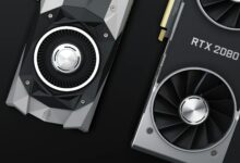 Close-up of two high-performance RTX 2080 graphics cards showcasing their sleek design and cooling fans.