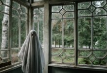 Ghost sheet costume in rustic room overlooking a forest, creating a spooky vibe.