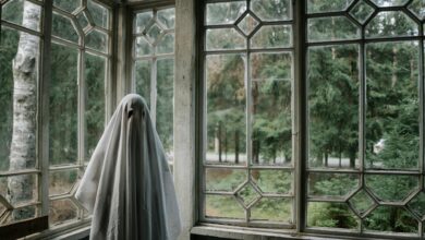 Ghost sheet costume in rustic room overlooking a forest, creating a spooky vibe.