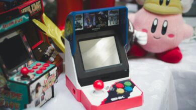 A collection of vintage arcade consoles and toys set in Tunis, Tunisia, evoking nostalgia.