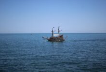 An old-fashioned ship sailing on the calm Black Sea near Constanța, Romania.