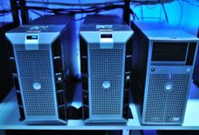 Close-up view of modern rack-mounted server units in a data center.