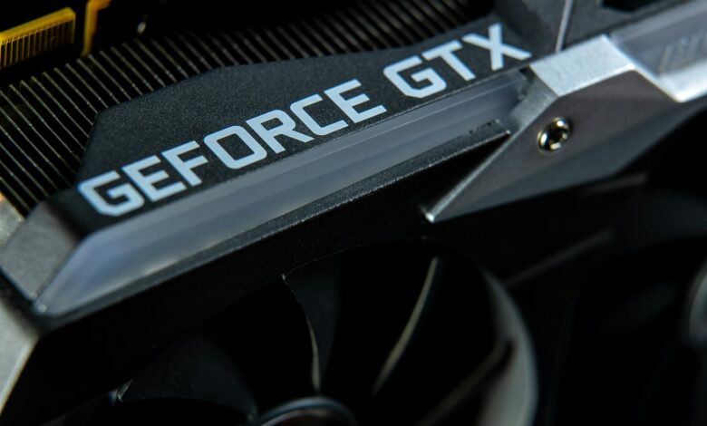 Detailed close-up of a GeForce GTX graphics card showing hardware components.