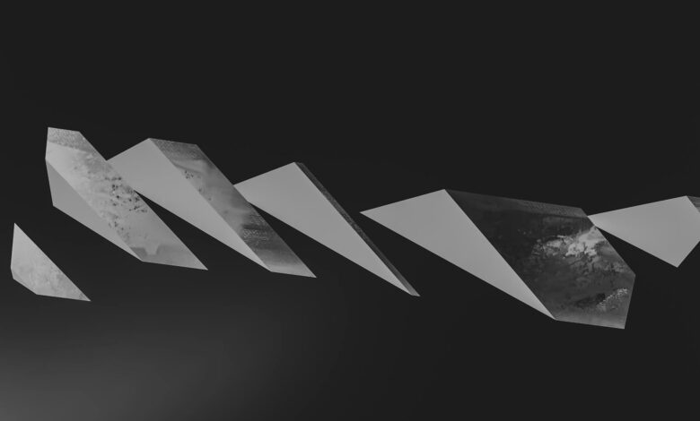 Minimalist black and white image featuring abstract geometric shapes on a dark background.