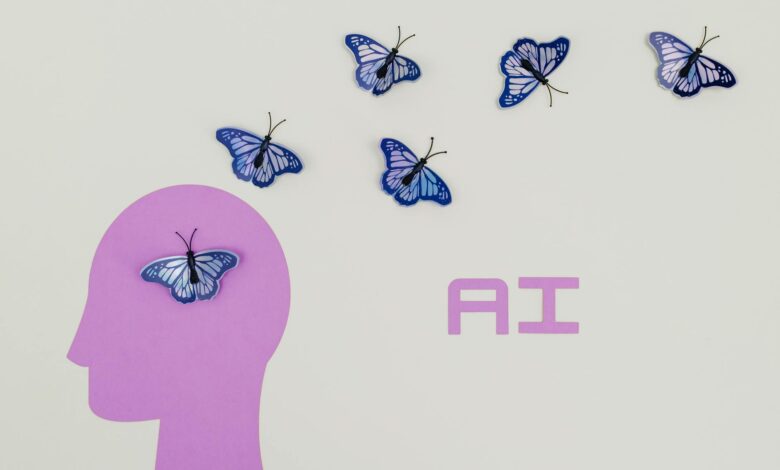 Surreal AI conceptual art featuring butterflies and a human head silhouette in a minimalistic style.