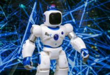 Advanced humanoid robot with glowing blue accents in a digital network setting.