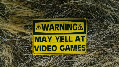 A funny yellow warning sign on grass reading 'Warning May Yell at Video Games'.