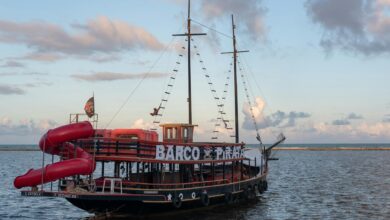 Scenic view of a pirate-themed ship during sunset in Arraial d'Ajuda, Brazil.